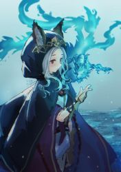 Rule 34 | 1girl, 1other, absurdres, animal ears, blue background, blush, cat ears, cloak, closed mouth, commentary request, dragon, ears through headwear, erune, granblue fantasy, hand up, highres, hood, hooded cloak, huang quan soul, huge filesize, long hair, red eyes, scathacha (granblue fantasy), silver hair, simple background, smile, solo
