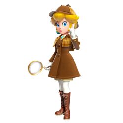 Rule 34 | blonde hair, boots, detective, detective hat, detective peach, gloves, highres, looking at viewer, magnifying glass, mario (series), nintendo, official art, princess peach, princess peach: showtime!, white background