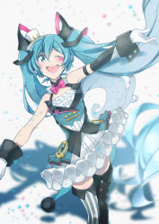 Rule 34 | 1girl, agonasubi, aqua eyes, aqua hair, armpits, asymmetrical legwear, asymmetrical sleeves, bare shoulders, bow, bowtie, circus, collar, commentary, cowboy shot, diamond (shape), facial tattoo, framed breasts, frilled collar, frilled skirt, frills, gloves, hair ornament, hat, hatsune miku, highres, long hair, magical mirai (vocaloid), magical mirai miku, magical mirai miku (2019), mini hat, mini top hat, mismatched legwear, one eye closed, open mouth, outstretched arms, shadow, shoulder blush, skirt, smile, solo, striped clothes, striped thighhighs, tattoo, thighhighs, top hat, twintails, uneven sleeves, vertical-striped clothes, vertical-striped thighhighs, very long hair, vocaloid, white gloves, white skirt, wrist cuffs, zettai ryouiki