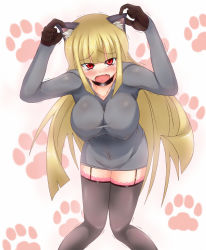 Rule 34 | 1girl, animal ear fluff, animal ears, arms up, black choker, black gloves, black thighhighs, blonde hair, blunt bangs, blush, breasts, choker, collarbone, covered navel, dress, fang, female focus, fox ears, garter straps, gloves, grey dress, hanging breasts, highres, knees together feet apart, lace, lace-trimmed legwear, lace trim, large breasts, leaning forward, long hair, long sleeves, looking at viewer, nipples, open mouth, original, paw print, paw print background, red eyes, simple background, solo, standing, tears, thighhighs, trembling, two-tone background, umagoya mochi