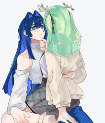 Rule 34 | 2girls, antlers, blue eyes, blue hair, ceres fauna, cowgirl position, detached sleeves, flower, fongban illust, girl on top, grabbing another&#039;s chin, green hair, hair flower, hair intakes, hair ornament, hand on another&#039;s chin, highres, hololive, hololive english, horns, long hair, multicolored hair, multiple girls, ouro kronii, ribbon, skirt, straddling, sweater, virtual youtuber, yuri
