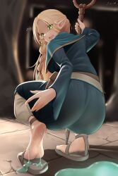 Rule 34 | 1girl, absurdres, ass, blonde hair, blue capelet, blue robe, braid, capelet, dungeon meshi, flying sweatdrops, green eyes, highres, holding, holding staff, j.c.14, long hair, marcille donato, open mouth, pointy ears, robe, sandals, slime (substance), solo, squatting, staff