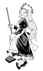 Rule 34 | 1girl, alternate costume, apron, blue archive, bobonasudan, enmaided, full body, greyscale, hair ornament, hair over one eye, hairclip, highres, hiyori (blue archive), holding, holding mop, loafers, long hair, looking at viewer, maid, maid apron, monochrome, mop, nail polish, ponytail, shoes, simple background, skirt hold, solo, very long hair