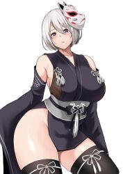 Rule 34 | 1girl, bare shoulders, black thighhighs, breasts, collarbone, commentary request, cowboy shot, detached sleeves, fox mask, grey hair, hair between eyes, highres, japanese clothes, kimono, large breasts, looking at viewer, mask, mole, mole under mouth, nier:automata, nier (series), obi, official alternate costume, parted lips, purple eyes, sash, short hair, simple background, sleeveless, sleeveless kimono, solo, thighhighs, thighs, white background, yashichii, 2b (nier:automata)