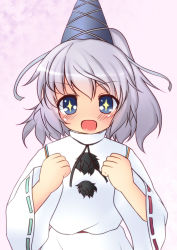 Rule 34 | + +, 1girl, blush, female focus, hat, highres, japanese clothes, kariginu, long hair, long sleeves, looking at viewer, mellpon, mononobe no futo, open mouth, ponytail, silver hair, smile, solo, symbol-shaped pupils, tate eboshi, touhou, wide sleeves
