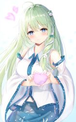 Rule 34 | 1girl, absurdres, ahoge, bare shoulders, blue eyes, blue skirt, blush, closed mouth, detached sleeves, frog hair ornament, green hair, hair between eyes, hair ornament, hair tubes, heart, heart hands, highres, japanese clothes, kochiya sanae, long hair, niko kusa, nontraditional miko, skirt, smile, snake hair ornament, solo, touhou, upper body, white sleeves, wide sleeves