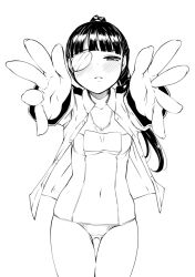 Rule 34 | 1girl, akino sora, black hair, blush, carry me, covered navel, eyepatch, greyscale, long hair, military, military uniform, monochrome, monochrome, one-piece swimsuit, open clothes, outstretched arms, ponytail, sakamoto mio, school swimsuit, solo, strike witches, swimsuit, swimsuit under clothes, uniform, world witches series