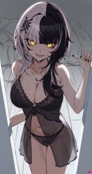 Rule 34 | 1girl, absurdres, bed, black hair, black nails, black panties, breasts, chain, cleavage, collar, collarbone, doujenrad, fangs, grey hair, hair ornament, highres, hololive, hololive english, indoors, large breasts, long hair, looking at viewer, medium breasts, multicolored hair, navel, open mouth, panties, shiori novella, smile, solo, split-color hair, sweat, two-tone hair, underwear, underwear only, virtual youtuber, yellow eyes