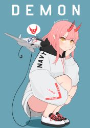 Rule 34 | 1girl, aircraft, airplane, artist name, atamonica, commentary, demon, demon horns, english commentary, f3h demon, fighter jet, hand on own chin, highres, hood, hoodie, horns, jacket, jet, kneeling, looking at viewer, military, military vehicle, original, personification, pink hair, pointy ears, shoes, sneakers, yellow eyes