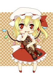 Rule 34 | 1girl, absurdres, back bow, beargguy, blonde hair, border, bow, brown background, chibi, collared shirt, covering own mouth, flandre scarlet, frilled skirt, frills, full body, gundam, gundam build fighters, hair between eyes, hat, hat ribbon, highres, holding, karuna (madlax), large bow, letterboxed, long hair, looking at viewer, mob cap, multicolored wings, puffy short sleeves, puffy sleeves, red eyes, red footwear, red ribbon, red skirt, red vest, ribbon, ribbon-trimmed headwear, ribbon trim, shirt, short sleeves, skirt, skirt set, touhou, vest, white border, white bow, white headwear, white shirt, wings