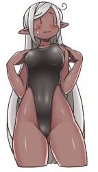 Rule 34 | 1girl, ahoge, black one-piece swimsuit, blush, breasts, closed mouth, competition swimsuit, cowboy shot, cropped legs, dark-skinned female, dark elf, dark skin, elf, embarrassed, eyebrows, groin, hands on shoulders, hands up, highleg, highleg swimsuit, highres, long hair, long pointy ears, looking away, looking to the side, medium breasts, one-piece swimsuit, original, pointy ears, shiny skin, shiri ana hiroge tarou, sidelocks, silver hair, simple background, solo, sweatdrop, swept bangs, swimsuit, thighs, very long hair, wavy mouth, white background, | |