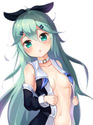 Rule 34 | 10s, 1girl, 2drr, :o, black shirt, blush, bow, breasts, choker, collarbone, detached sleeves, green eyes, green hair, hair between eyes, hair bow, hair flaps, hair ornament, hairclip, highres, kantai collection, long hair, looking at viewer, navel, open clothes, open mouth, open shirt, shirt, simple background, small breasts, solo, tareme, upper body, white background, yamakaze (kancolle)