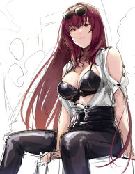Rule 34 | 1girl, alternate costume, bra, breasts, button bra, cleavage, eyewear on head, fate/grand order, fate (series), jewelry, large breasts, looking at viewer, necklace, okitakung, open clothes, pants, purple hair, red eyes, scathach (fate), scathach (fate), sitting, sketch, unbuttoned sleeves, underwear, unfinished
