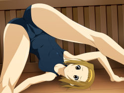 Rule 34 | 1girl, armpits, ass, bare shoulders, breasts, brown eyes, brown hair, cameltoe, hairband, highres, hip focus, k-on!, legs, looking at viewer, minarui, short hair, solo, swimsuit, tainaka ritsu, thighs, upside-down