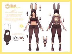 Rule 34 | 1girl, absurdres, animal ears, ass, blush, breasts, brown eyes, brown hair, brown jacket, brown pantyhose, character sheet, cleavage, closed eyes, closed mouth, color guide, emi (fizintine), fizintine, highres, jacket, large breasts, looking at viewer, multiple views, navel, original, pantyhose, rabbit ears, rabbit tail, simple background, smile, tail, tall female