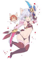 Rule 34 | 1girl, adapted object, animal ears, bandages, bare shoulders, black panties, black thighhighs, blade (galaxist), cat ears, dual wielding, eyebrows, fang, fate/apocrypha, fate/grand order, fate/kaleid liner prisma illya, fate (series), fujimaru ritsuka (female), full body, gloves, green eyes, holding, jack the ripper (fate/apocrypha), kaleidostick, kemonomimi mode, knife, looking at viewer, magical girl, magical ruby, magical sapphire, navel, panties, riyo (lyomsnpmp) (style), scar, short hair, silver hair, solo, stomach, thighhighs, underwear, weapon, white background