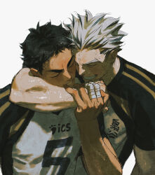 Rule 34 | 2boys, akaashi keiji, arm around neck, arm grab, bandaged fingers, bandages, black hair, bokuto koutarou, chengongzi123, closed eyes, facing another, grey hair, grin, haikyuu!!, hand up, highres, male focus, multicolored hair, multiple boys, short hair, short sleeves, simple background, smile, sportswear, streaked hair, sweat, thick eyebrows, upper body, very short hair, volleyball uniform, white background