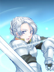 Rule 34 | 1girl, armor, blue background, blue eyes, braid, chris lightfellow, colored eyelashes, female focus, french braid, gauntlets, gensou suikoden, gensou suikoden iii, gloves, grey eyes, hair up, k101, knight, short hair, solo, sword, weapon, white hair
