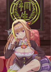 Rule 34 | 1girl, armchair, badge, black bow, black hairband, black jacket, blonde hair, blouse, blunt bangs, bow, bowtie, braid, breasts, bright pupils, brooch, button badge, chain, chain necklace, chair, cheek rest, cleavage, cleavage cutout, closed mouth, clothing cutout, collared shirt, crossed legs, diagonal-striped bow, dragon girl, dragon horns, dragon tail, dragon wings, emblem, gradient eyes, hair ornament, hairband, hand on own cheek, hand on own face, highres, hololive, horn bow, horn ornament, horns, jacket, jewelry, kiryu coco, kiryu coco (1st costume), large breasts, long hair, looking at viewer, miniskirt, multicolored bow, multicolored eyes, multicolored hair, natsuki (natukituki), necklace, orange hair, pleated skirt, purple eyes, red eyes, scales, shirt, side braid, single braid, sitting, skirt, smile, smirk, solo, streaked hair, striped, tail, virtual youtuber, white bow, white shirt, wings, wooden wall