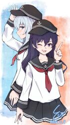 2girls akatsuki_(kancolle) anchor_symbol black_hair black_hat black_sailor_collar black_skirt blue_eyes commentary_request dated grey_hair hat hibiki_(kancolle) highres kantai_collection ld_(luna_dial398) long_hair long_sleeves multiple_girls neckerchief pleated_skirt purple_eyes red_neckerchief sailor_collar sailor_shirt shirt signature skirt v white_shirt