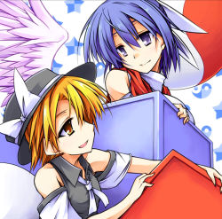 Rule 34 | 2girls, ascot, bare shoulders, black shirt, block (object), blonde hair, blue hair, bow, breasts, detached sleeves, eye contact, hair bow, half updo, hat, hemogurobin a1c, looking at another, mai (touhou), multiple girls, necktie, open mouth, purple eyes, shirt, short hair, simple background, smile, star (symbol), touhou, touhou (pc-98), upper body, wings, yellow eyes, yin yang, yuki (touhou)