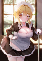 Rule 34 | 1girl, absurdres, alternate costume, apron, black dress, blonde hair, blush, breasts, cleavage, cowboy shot, dress, enmaided, frilled apron, frills, genshin impact, hand on own hip, highres, indoors, juliet sleeves, long sleeves, looking at viewer, lumine (genshin impact), maid, maid apron, maid headdress, medium breasts, parted lips, puffy sleeves, short hair with long locks, solo, standing, sunlight, thighhighs, usagi (786113654), white apron, white thighhighs, window, yellow eyes