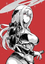 Rule 34 | 1girl, armor, armored bodysuit, bodysuit, breasts, frown, goddess of victory: nikke, greyscale, halo, headgear, highres, japanese armor, kote, large breasts, long hair, looking at viewer, monochrome, official alternate costume, red background, red eyes, scarlet (black shadow) (nikke), scarlet (nikke), see-through, shoulder armor, sode, solo, spot color, warubo