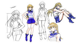 Rule 34 | 1girl, 203wolves, ankle boots, artist name, bare arms, bare shoulders, belt, blonde hair, blue footwear, blue skirt, boots, breasts, buttons, closed mouth, commentary request, duel academy uniform (yu-gi-oh! gx), full body, gloves, hand on own hip, high heel boots, high heels, highres, knees up, lineart, long hair, looking at viewer, medium breasts, miniskirt, multiple views, open mouth, signature, simple background, sitting, skirt, sleeveless, smile, tenjouin asuka, thighs, turtleneck, uniform, upper body, yellow eyes, yu-gi-oh!, yu-gi-oh! gx