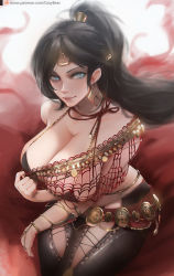 Rule 34 | 1girl, belt, black desert online, black hair, black pants, blue eyes, borrowed character, breasts, circlet, cleavage, cleavage reach, commentary, commission, cosplay, deep skin, earrings, english commentary, eyeshadow, fishnet top, fishnets, gray bear, hair ornament, hairclip, jewelry, large breasts, lips, long hair, makeup, mika (gray bear), nose, original, pants, ponytail, revealing clothes, solo, strap gap