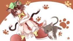 Rule 34 | 1girl, animal ears, blush, bow, brown eyes, brown hair, cat, cat ears, cat tail, chen, crossed arms, daidai ookami, ear piercing, earrings, fang, female focus, hat, highres, jewelry, long sleeves, looking at viewer, multiple tails, nekomata, open mouth, paw print, piercing, red footwear, shirt, shoes, short hair, single earring, sitting, skirt, skirt set, solo, tail, touhou, vest