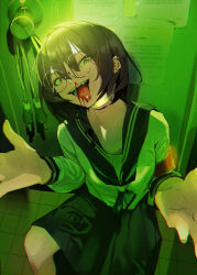 1girl absurdres atarashii_gakkou_no_leaders black_hair blood commentary ear_piercing garapii glasses green_theme highres multiple_piercings nosebleed original piercing pleated_skirt real_life round_eyewear school_uniform serafuku short_hair skirt solo suzuka_(atarashii_gakkou_no_leaders) tongue tongue_out tongue_piercing