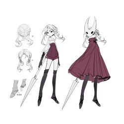 1girl black_footwear black_thighhighs braid cloak full_body high-waist_shorts highres holding holding_sword holding_weapon hollow_knight horned_mask hornet_(hollow_knight) iotaone mask multiple_views nape_braid needle_(hollow_knight) personification pink_cloak pink_shorts shorts sidelocks sword thighhighs weapon white_hair