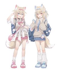 Rule 34 | 2girls, :d, absurdres, animal ear fluff, animal ears, bag, blonde hair, blue eyes, blue hair, blue jacket, blue nails, blue necktie, blue skirt, brown sweater, cellphone, dog ears, dog girl, dog tail, double-parted bangs, fang, full body, fuwawa abyssgard, hair between eyes, hair ornament, hairclip, head wings, headband, highres, holding, holding wallet, hololive, hololive english, jacket, long hair, looking at viewer, midori xu, mococo abyssgard, multicolored hair, multiple girls, necktie, open mouth, paw print, perroccino (fuwamoco), phone, pink hair, pleated skirt, red eyes, school bag, school uniform, shoes, short twintails, shoulder bag, siblings, sidelocks, simple background, sisters, skirt, smartphone, smile, sneakers, socks, spiked headband, standing, streaked hair, sweater, tail, tie clip, twins, twintails, two-tone hair, v, virtual youtuber, wallet, white background, white socks, wings