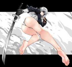 Rule 34 | 1girl, ass, asymmetrical gloves, back cutout, barefoot, black blindfold, black gloves, black leotard, blindfold, breasts, brown gloves, clothing cutout, commentary, covered eyes, eiji (eiji), facing down, facing viewer, feather-trimmed sleeves, feet, foot focus, foreshortening, from below, gloves, grey leotard, holding, holding sword, holding weapon, juliet sleeves, kneepits, legs, leotard, long sleeves, medium breasts, multicolored leotard, nier (series), nier:automata, parted lips, puffy sleeves, short hair, silver hair, soles, solo, sword, thighs, toes, uneven gloves, vambraces, virtuous contract, weapon, 2b (nier:automata)