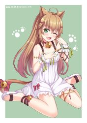 Rule 34 | 1girl, 2016, :d, ;d, ahoge, animal ears, bell, neck bell, bow, cat ears, cat tail, choker, commentary request, dated, dress, enokorogusa (flower knight girl), fang, flower knight girl, green background, green eyes, hair ornament, hairclip, highres, light brown hair, long hair, norinori 12th, one eye closed, open mouth, paw pose, paw print, scrunchie, sitting, smile, solo, tail, tail bell, tail bow, tail ornament, twitter username, wariza, white dress, wrist scrunchie