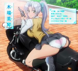 Rule 34 | 1girl, ass, back, bent over, breasts, eight ball (triage x), gun, handgun, heart, heart print, highres, huge ass, kiba mikoto, long hair, motor vehicle, motorcycle, narrow waist, panties, ponytail, print panties, revolver, s&amp;w model 627, shoes, silver hair, sitting, skirt, smile, smith &amp; wesson, sneakers, solo, stitched, thick thighs, thighs, third-party edit, triage x, underwear, upskirt, weapon, wide hips, yellow eyes