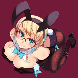 Rule 34 | 1girl, :q, animal ears, arched back, ass, black gloves, blonde hair, blue eyes, blue hair, blush, boots, bow, bowtie, breasts, brown pantyhose, cleavage, covering privates, covering breasts, cross-laced footwear, detached collar, earrings, elbow gloves, fake animal ears, fishnet pantyhose, fishnets, from above, glasses, gloves, hairband, high heel boots, high heels, jewelry, kneeling, kusanagi tonbo, large breasts, leotard, looking at viewer, looking up, matching hair/eyes, multicolored hair, original, over-rim eyewear, pantyhose, playboy bunny, rabbit ears, rabbit tail, red-framed eyewear, red background, semi-rimless eyewear, simple background, solo, tail, tongue, tongue out, topless, two-tone hair, wrist cuffs