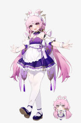Rule 34 | 1girl, alternate costume, apron, bare shoulders, black collar, black footwear, bow-shaped hair, breasts, chibi, cleavage, collar, coria, detached collar, detached sleeves, dress, earrings, enmaided, forehead jewel, frilled dress, frills, fu xuan (honkai: star rail), full body, gem, highres, honkai: star rail, honkai (series), jewelry, long hair, looking at viewer, low twintails, maid, maid apron, maid headdress, multiple views, neck ribbon, open mouth, pantyhose, pink hair, purple dress, purple eyes, purple gemstone, purple ribbon, ribbon, short sleeves, simple background, small breasts, smile, twintails, white apron, white pantyhose