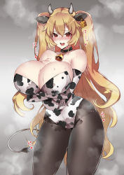 Rule 34 | 1girl, absurdres, alternate costume, animal costume, animal ears, animal print, anne bonny (fate), bare shoulders, bell, black pantyhose, blonde hair, blush, breast hold, breasts, bursting breasts, cleavage, collar, cow costume, cow ears, cow girl, cow horns, cow print, cow tail, cowbell, cowboy shot, crossed arms, elbow gloves, fate/grand order, fate (series), gloves, highleg, highleg leotard, highres, horns, huge breasts, kobo (cobo 0609), legs, leotard, long hair, naughty face, neck bell, nose blush, open mouth, pantyhose, print leotard, red eyes, smile, solo, standing, strapless, strapless leotard, tail, thighs, very long hair, white gloves, white leotard