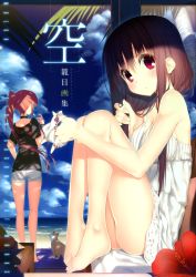 Rule 34 | 2girls, absurdres, ass, bare shoulders, barefoot, beach, blush, breasts, brown hair, cat, choker, cigarette, cleavage, day, dress, feet, feet on chair, flower, from behind, highres, horizon, kagome (traumatize), kneepits, legs, long hair, looking at viewer, medium breasts, multiple girls, ocean, original, palm tree, ponytail, purple eyes, red hair, scan, shade, side ponytail, sitting, sky, sleeveless, solo focus, tree, water