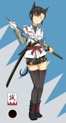 Rule 34 | 1girl, animal ears, black hair, black thighhighs, blue background, boots, camouflage, camouflage shorts, character request, commentary request, cross-laced footwear, dog ears, full body, highres, holding, holding sword, holding weapon, katana, lace-up boots, necktie, one eye closed, original, red eyes, sheath, shinsengumi, shirt, short hair, shorts, smile, solo, strike witches, strike witches 1991, sword, thighhighs, tom-neko (zamudo akiyuki), uniform, unsheathed, weapon, world witches series