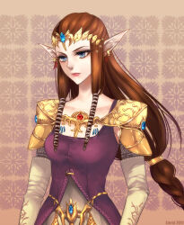 Rule 34 | 1girl, armor, bad deviantart id, bad id, blue eyes, braid, breasts, brown hair, circlet, cleavage, commentary, dress, earrings, english commentary, jewelry, leirix, lips, long hair, medium breasts, nintendo, pointy ears, princess zelda, shoulder pads, solo, the legend of zelda, the legend of zelda: twilight princess