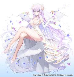 Rule 34 | 1girl, apple caramel, blue background, blue flower, blush, breasts, bridal veil, cleavage, copyright notice, crossed legs, curled horns, dragon girl, dragon horns, dragon tail, dragon wings, dress, elbow gloves, falling petals, flower, full body, gloves, gradient background, grey choker, hair between eyes, hand on own chest, hand up, high-low skirt, high heels, highres, horns, invisible chair, large breasts, long hair, looking at viewer, low neckline, neomonsters, official art, parted lips, petals, pointy ears, purple eyes, purple flower, purple hair, sidelocks, sitting, strapless, strapless dress, tail, thighs, toe cleavage, veil, wedding dress, white background, white dress, white footwear, white gloves, white veil, white wings, wings