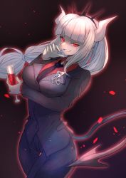 Rule 34 | 1girl, alcohol, black necktie, blush, breasts, commentary, demon girl, demon horns, demon tail, formal, glass, gloves, grin, hair ornament, helltaker, highres, holding, horns, long hair, looking at viewer, low-tied long hair, lucifer (helltaker), mole, mole under eye, necktie, ohako (ohako1818), red eyes, red shirt, shirt, simple background, smile, solo, suit, tail, white hair, white horns, wine