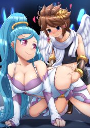Rule 34 | 1boy, 1girl, absurdres, amazon pandora, angel, angel wings, armored leotard, blue eyes, blue hair, breasts, brown hair, cleavage, heart, highres, holding ass, kid icarus, kid icarus uprising, large breasts, leotard, long hair, looking at another, nintendo, pink eyes, pit (kid icarus), selvalanch, sex, sex from behind, short hair, tagme, wide hips, wings