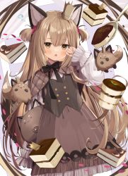 Rule 34 | 1girl, animal ears, black bow, black ribbon, blush, bow, breasts, brown dress, brown eyes, brown hair, cake, cake slice, cat ears, chocolate, crown, dress, food, goma (u p), highres, long hair, long sleeves, looking at viewer, mini crown, open mouth, original, ribbon, small breasts, spoon, two side up, white background