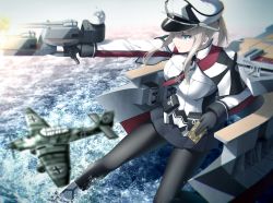 Rule 34 | 10s, 1girl, aircraft, airplane, black pantyhose, blonde hair, blue eyes, breasts, cannon, capelet, commentary request, female focus, gloves, goribote, graf zeppelin (kancolle), hair between eyes, hat, jacket, kantai collection, large breasts, long hair, machinery, necktie, ocean, pantyhose, peaked cap, sidelocks, skirt, solo, tsurime, turret, twintails, uniform, walking, walking on liquid, water