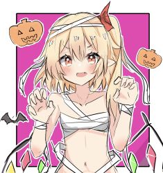 Rule 34 | 1girl, bandaged arm, bandaged head, bandages, bat (animal), blush, border, breasts, claw pose, collar, commentary request, fang, flandre scarlet, halloween costume, highres, jack-o&#039;-lantern, medium hair, mummy, mummy costume, naked bandage, navel, nono54558, open mouth, pink background, pointy ears, red eyes, side ponytail, simple background, sketch, small breasts, solo, touhou, upper body, white border