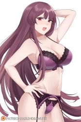 Rule 34 | 1girl, aslindsamure, blush, bra, breasts, cleavage, garter belt, girls&#039; frontline, hand on own hip, highres, lace, lace-trimmed bra, lace-trimmed panties, lace trim, large breasts, lingerie, long hair, panties, purple bra, purple hair, purple panties, red eyes, simple background, solo, underwear, very long hair, wa2000 (girls&#039; frontline)