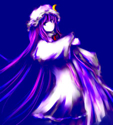 Rule 34 | 1girl, bow, bowtie, crescent, crescent hair ornament, female focus, hair ornament, hanuu, hat, long hair, long sleeves, looking at viewer, mob cap, patchouli knowledge, purple eyes, purple hair, purple theme, ribbon, simple background, solo, touhou